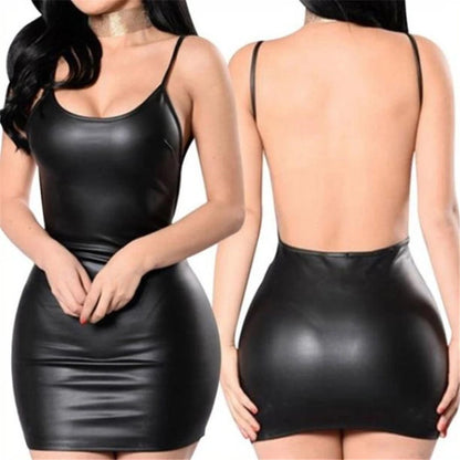 Sexy Faux Leather Dress Backless Club Party Short Dress Solid Black