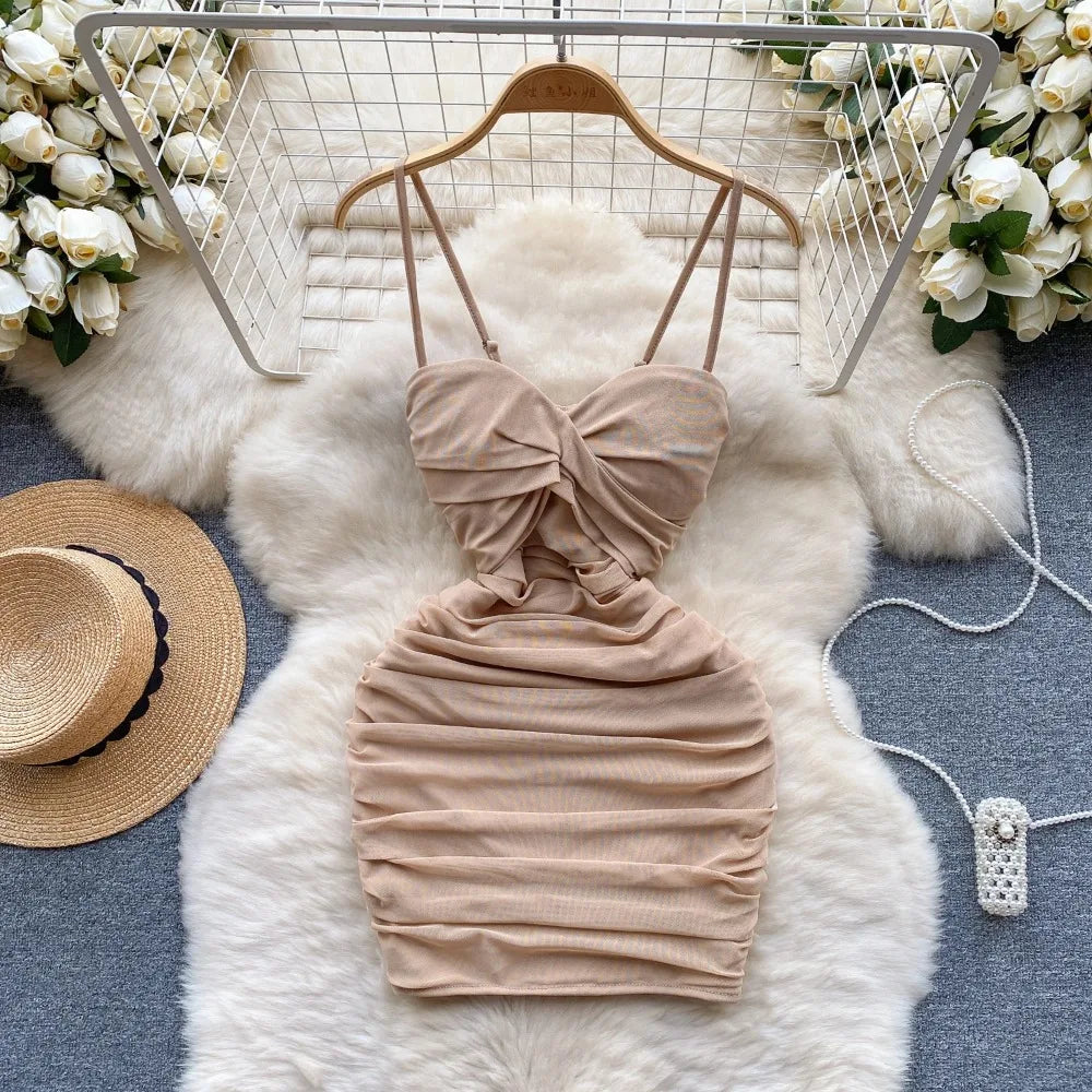 Sexy Solid Print Pleated Off Shoulder Mesh Slip Dress Chic Evening