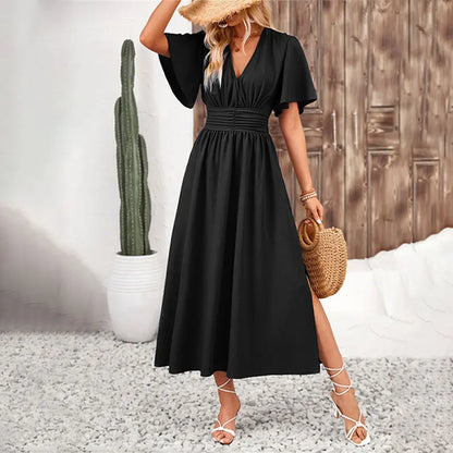 Women Ruffle Solid Pleated Long Dress Chic V Neck Short Sleeved  Black