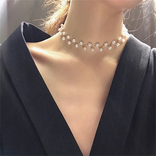 European Vintage Beaded Pearl Choker Necklace for Women Girls Simple