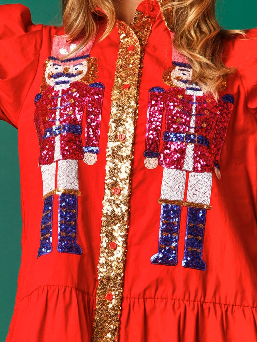 Women Sequin Christmas Nutcracker Shirt Dress Holiday Party Santa