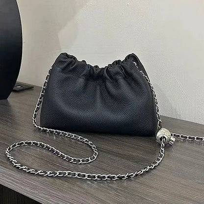 Hot Sale Silver Ball Chain Genuine Leather Small Bucket Bag Fashion