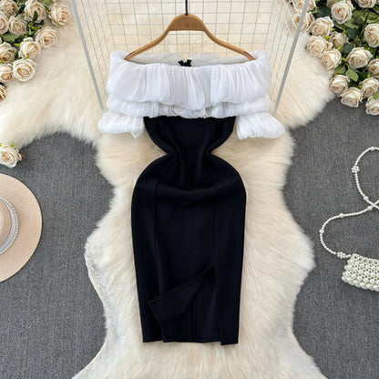 Lady Elegant Sweet Fashion Dress Women Ruffles Slash Neck Split Hip