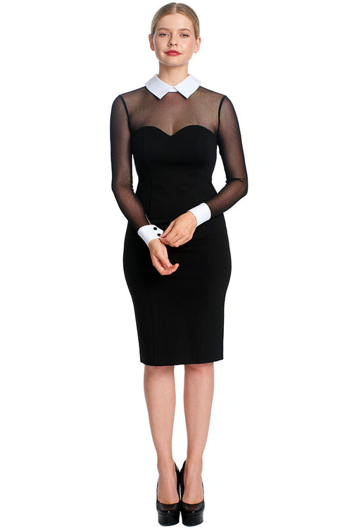 Tuxedo Illusion Dress - Black & white midi dress with mesh sleeves,