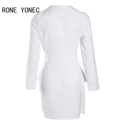 Women Chic Elegant Long Sleeves Deep V Neck Mini A Line Ruffles Formal