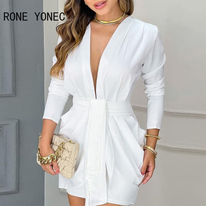 Women Chic Elegant Long Sleeves Deep V Neck Mini A Line Ruffles Formal