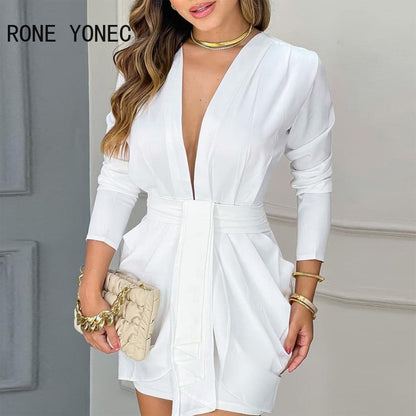 Women Chic Elegant Long Sleeves Deep V Neck Mini A Line Ruffles Formal