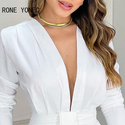Women Chic Elegant Long Sleeves Deep V Neck Mini A Line Ruffles Formal