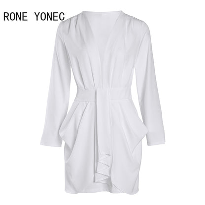 Women Chic Elegant Long Sleeves Deep V Neck Mini A Line Ruffles Formal