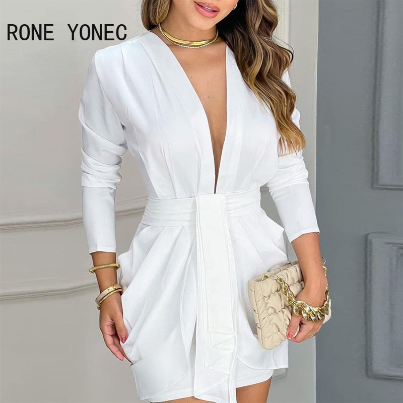 Women Chic Elegant Long Sleeves Deep V Neck Mini A Line Ruffles Formal