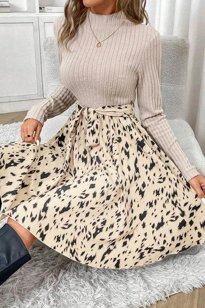 Tied Printed Mock Neck Long Sleeve Dress