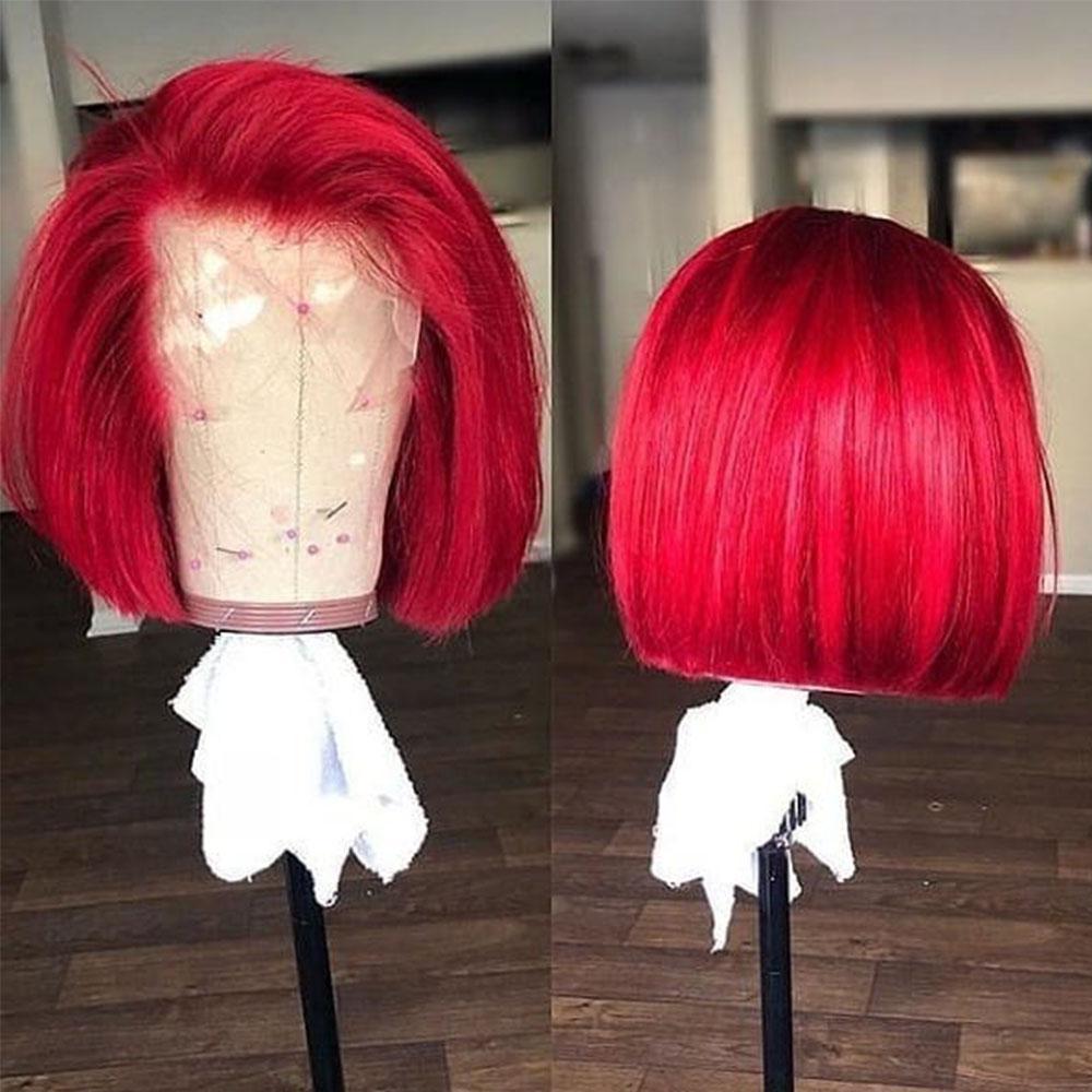 Short Bob Red Straight Lace Front Human Hair Wig Preplucked Hairline