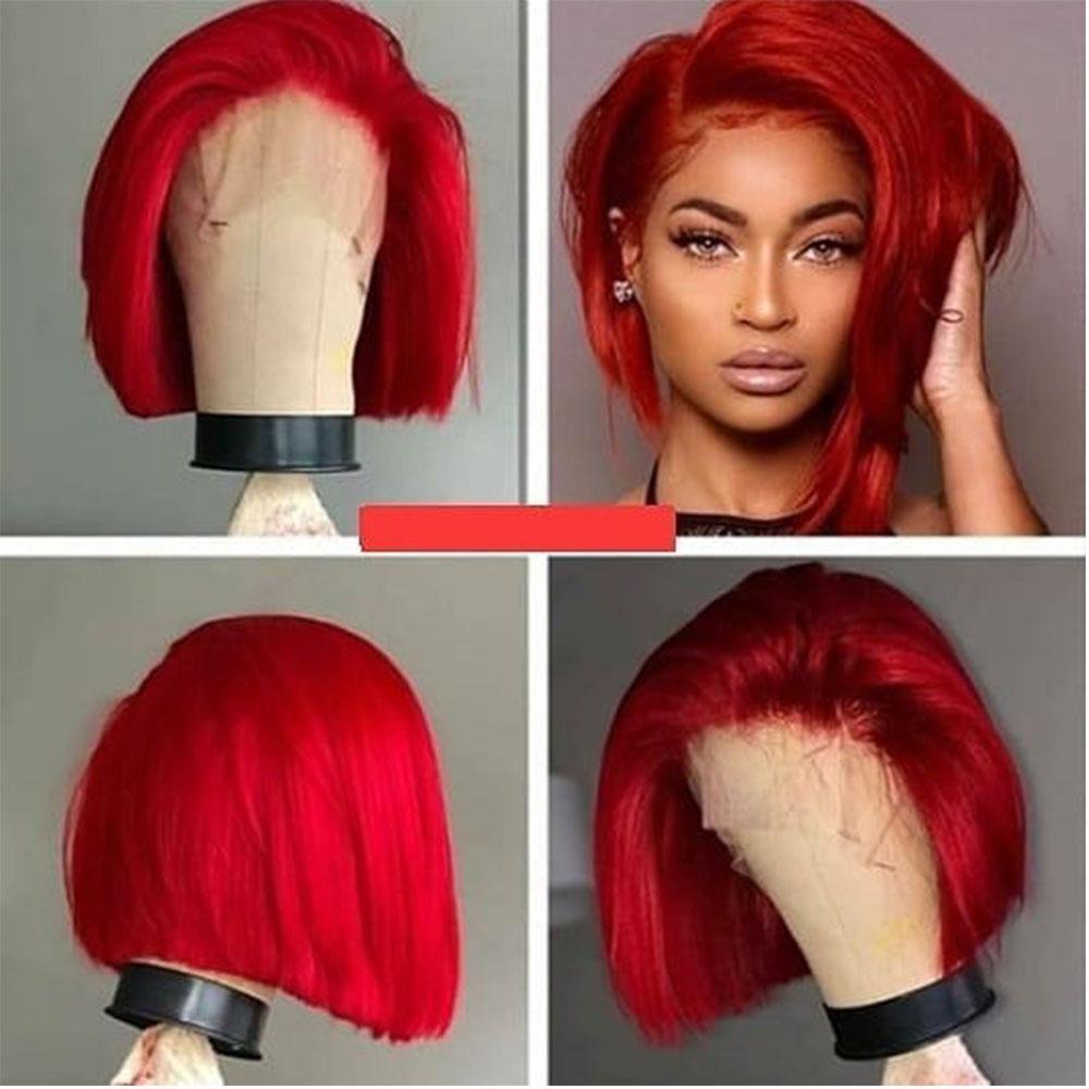 Short Bob Red Straight Lace Front Human Hair Wig Preplucked Hairline