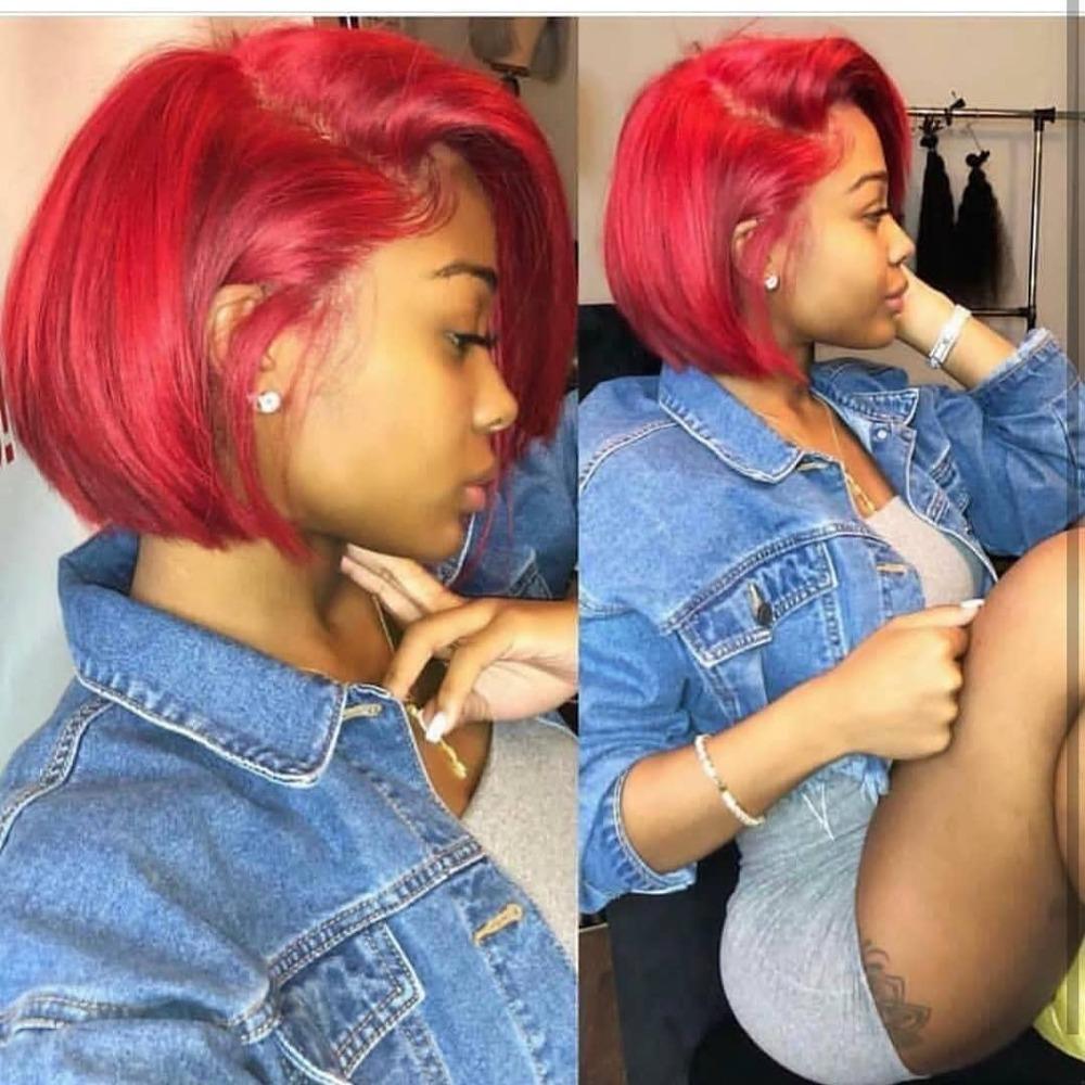 Short Bob Red Straight Lace Front Human Hair Wig Preplucked Hairline