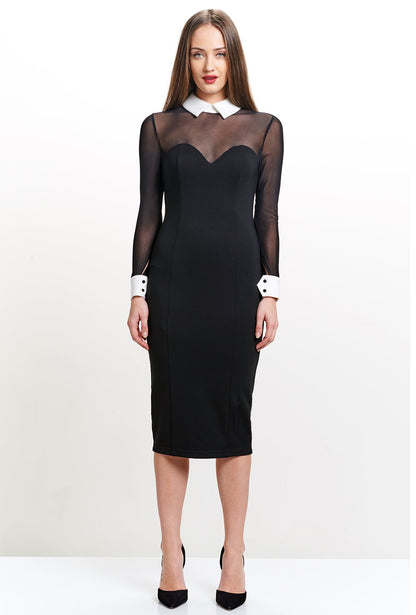 Tuxedo Illusion Dress - Black & white midi dress with mesh sleeves,